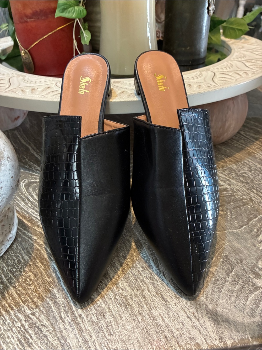 NWOT Sheln Black Pointed Slip-On Mules with Croc-Texture Panels